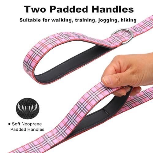 4ft Dog Leash with Two Padded Handles, Heavy Duty Strong Nylon Pet Leash with Soft Neoprene Handle for Small Medium Large Dogs, Pink Plaid - color: Pink Plaid, size: 1 in x 4 ft