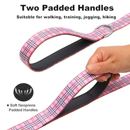 4ft Dog Leash with Two Padded Handles, Heavy Duty Strong Nylon Pet Leash with Soft Neoprene Handle for Small Medium Large Dogs, Pink Plaid - color: Pink Plaid, size: 1 in x 4 ft