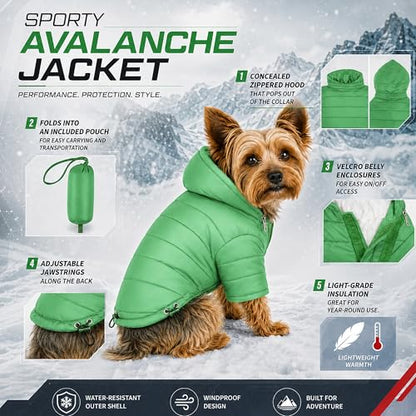 Pet Life ® Sporty Avalanche Lightweight Adjustable Folding Fall and Winter Dog Coat Jacket with Concealed Zippered Pop-Out Hood - color: Green, size: Small