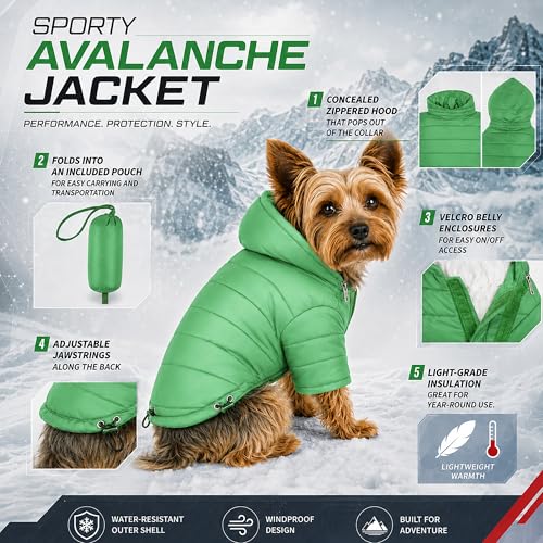 Pet Life ® Sporty Avalanche Lightweight Adjustable Folding Fall and Winter Dog Coat Jacket with Concealed Zippered Pop-Out Hood - color: Green, size: X-Large