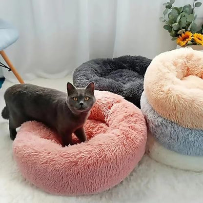 Calming Dog Bed for Small Dogs, Calming Donut Cuddler Pet Bed Anti Anxiety Round Dog Bed Fluffy Plush Faux Fur Cat Bed,Blue+White,15.7IN - color: Blue+white, size: 15.7IN
