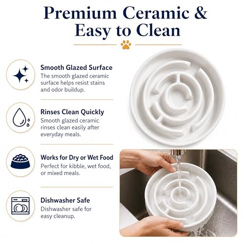 Ceramic Slow Feeder Dog Bowls with Anti-Slip, Slow Feeder & Non-Slip Design, Boredom and Anxiety Reducer, Suitable for All Breed Dogs and Cat (Ceramic-White) - color: Ceramic-White