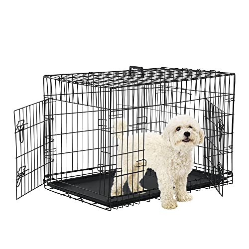 24'' Foldable Metal Wire Dog Crate Double Door, Folding Portable Dog Cage Double Lock, Collapsible Small Dog Crate w/Leak-Proof Pan/Divider/Handle, Puppy Crate Dog Kennel for Small Dogs Indoor