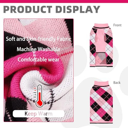 KOOLTAIL Valentine Dog Sweater Pet Knitted Clothes - Classic Pink Plaid Pull Over Turtleneck Dog Sweaters with Leash Hole Warm Dogs Winter Clothing for Small Medium Dogs Cats Puppy, SM - color: Pink2, size: Small/Medium