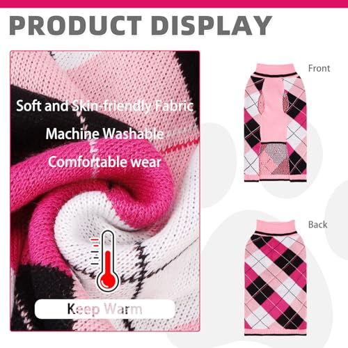 KOOLTAIL Valentine Dog Sweater Pet Knitted Clothes - Classic Pink Plaid Pullover Turtleneck Thick Warm Dog Sweaters with Leash Hole, Soft Winter Coats for Small Medium Large Dogs Cats Puppy Girls, S - color: Pink2, size: Small