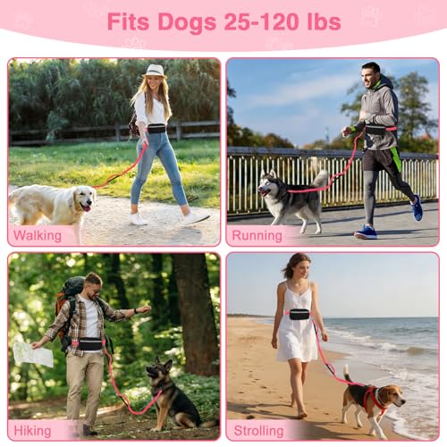 Hands Free Dog Leash with Zipper Pouch, Dual Padded Handles, Shock Absorbing Bungee Leash for Small Medium Large Dogs, Ideal for Walking Jogging Running Hiking (Pink) - color: Pink