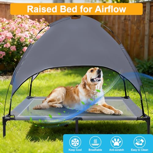 48'' Outdoor Elevated Dog Bed with Canopy, Raised Dogs Cooling Bed Medium Large Size Dogs with Support Feet, Breathable Cooling Dog Cot Beds, Pet Bed with 4 Ice Pack, Outdoor Dog Hammock Bed(Large) - size: Large(48.0"L x 31.5"W x 8.0"Th)