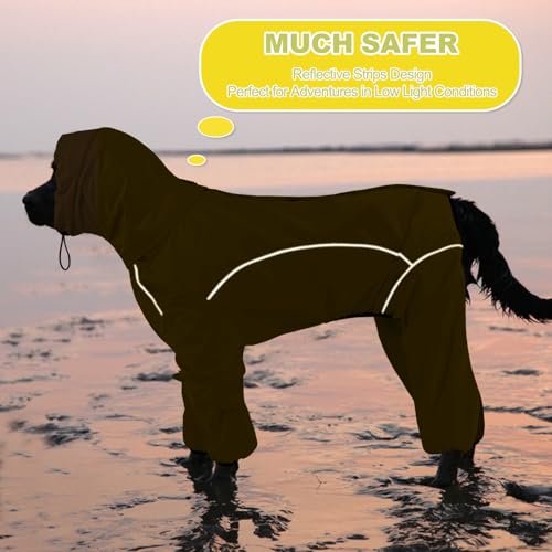 Dog Raincoat, Waterproof Dog Rain Jacket with Removable Hood，Adjustable 4 Legs Pet Poncho with Leash Hole，Reflective Stripe Hooded Snowproof Windproof Clothes for Small to 3X-Large Dogs, M - color: LightYellow, size: M