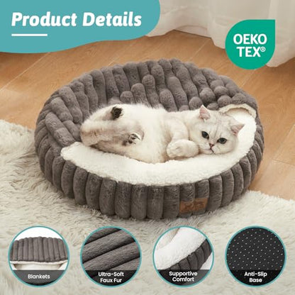 COZY KISS Hooded Blanket Cat Bed – 20"x20" Round Fluffy Donut Cuddler for Cats & Toy Dogs, Anti-Anxiety Faux Fur Pet Bed, Machine Washable with Non-Slip Bottom, Grey - color: Grey, size: 20"×20"×6"