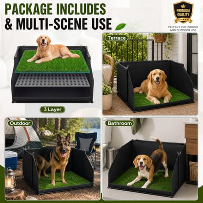 Zhehao Dog Grass Pad with Tray for Small Medium Dogs, 33.8 x 24 Inch Artificial Turf Potty with 17 Inch High Wall, Foldable Indoor Dog Litter Box Pee Pad Holder for Apartment Balcony Rv Training