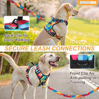BEAUTYZOO No Pull Dog Harness Small, Adjustable Dog Harness and Leash Set -Easy Wearing with 3 Buckles/Control Handle,No Choke Soft Padded Reflective Pet Vest for Training Walking Hiking, S - color: Geometry, size: S: chest 14"-24"