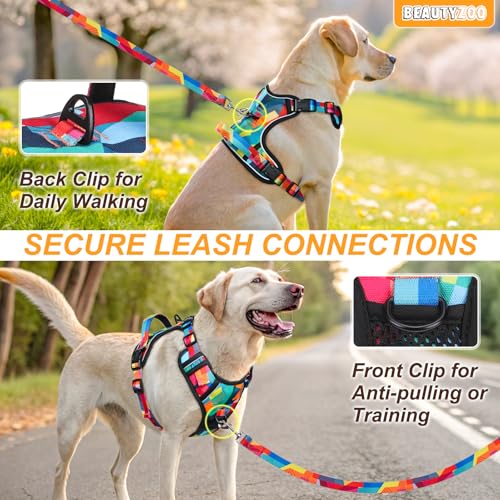 BEAUTYZOO No Pull Dog Harness Large, Adjustable Dog Harness and Leash Set -Easy Wearing with 3 Buckles/Control Handle,No Choke Soft Padded Reflective Pet Vest for Training Walking Hiking, L - color: Geometry, size: L: chest 22"-33"