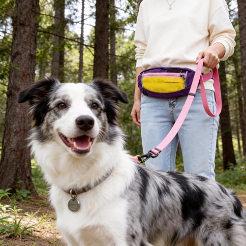 Hands Free Dog Leash with Waist Bag, Adjustable Waterproof Shock Absorption Reflective Leash with Poop Bag Dispenser Port for Medium Large Dogs Walking Running Hiking (Pink) - color: pink