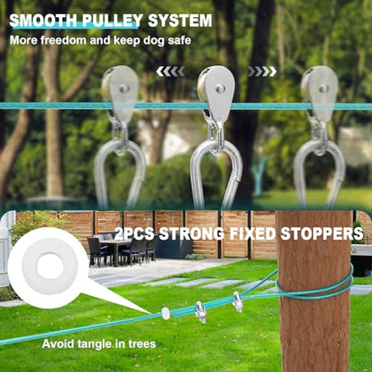 Dog Runner for Yard - 50ft Aerial Dog Run Cable System with Shock Absorbing Bungee Tether, Chew Proof Steel Cable & Tangle Free Pulley for Large Dogs, Backyard Zip Line for Dogs - size: 50FT
