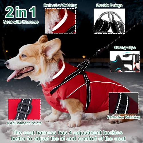 Fragralley Dog Coat with Harness Built in, Waterproof Windproof Reflective Warm Puffer Jacket, Fleece Lined Vest Winter Parka for Small, Medium, Large Dogs - color: Red, size: Small