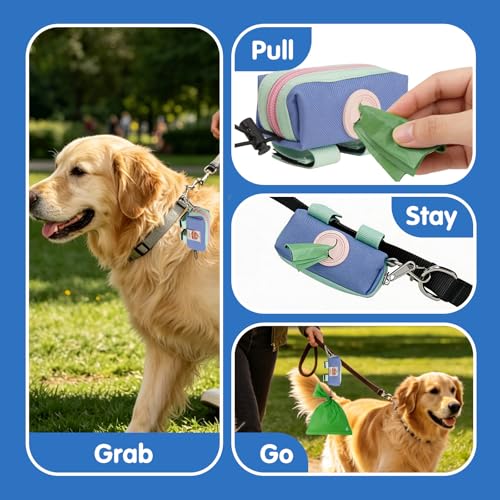 Dog Poop Bag Holder for Leash, Zippered Canvas Poop Bag Dispenser Pouch with Velcro Straps & Metal Carabiner Clip, Holds Keys & Treats for Daily Dog Walking - color: Light Green