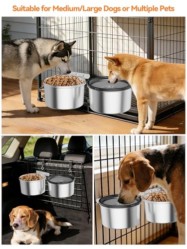 2 Pcs No Spill Dog Water Bowl for Crate, 2.5L Stainless Steel Hanging Kennel Bowls with Adjustable Height, Anti-Splash Water & Food Bowl Set for Cage Kennel Crate, Medium Large Dogs (Black) - color: Black