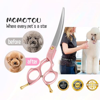 6.5'' Small Curved Dog Grooming Scissors Pink Professional Trimming Shears with Ultra-Lightweight Offset Handle CNC 440C Stainless Steel Blades Pet Scissors for Face and Paws - color: Pink Curved