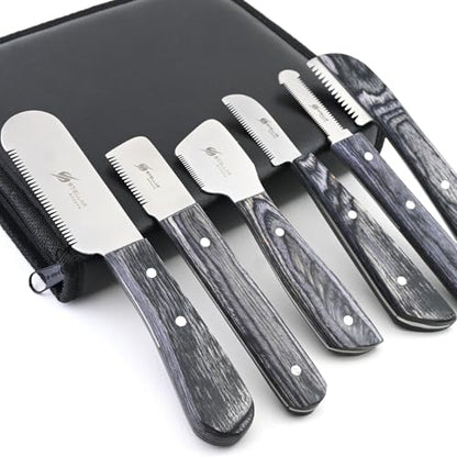 Dog Grooming Stripping Knife Set – 6-Piece Stainless Steel Hand Stripping Tools with Wooden Handles – Coarse, Medium, Fine & Extra-Fine Knives for Dogs, Cats & Wire-Coated Pets (Black)