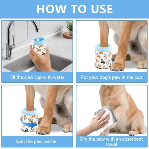 Cute Dogs White Pattern Dog Paw Cleaner Cup with Soft Silicone Brush, Lightweight Small Portable Muddy Paw Washer for Dogs, Easy to Use Pet Foot Cleaner