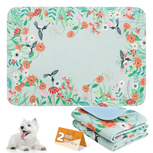 KOOLTAIL Washable Pee Pads for Dogs, 2 Pack Spring Pet Mats Outdoor Picnic Camping, Super Absorbent Reusable Puppy Training Pads Waterproof, Nonslip and Leak-Proof Dog Pee Pads for Floor, Car, 24"*36" - color: Hummingbird & Flower, size: 24" x 36" (2 Pack