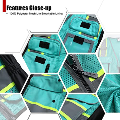High Visibility Reflection Peacock Mesh Safety Vests with 9 Pockets and Front Zipper, hi vis safety vest for Women, Meets ANSI/ISEA Standards(Peacock-16,M) - color: Peacock, size: Medium
