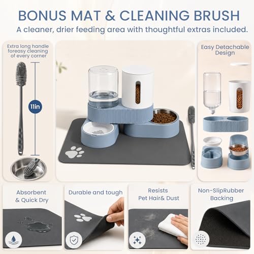 Gravity Cat Feeder and Water Dispenser 2 Pack Automatic Stainless Steel Feeder Bowls with Silicone Mat and Brush Set, Dry Food and Water Dispenser for Cats Small Medium Dogs(Blue) - color: Blue-With mat/brush