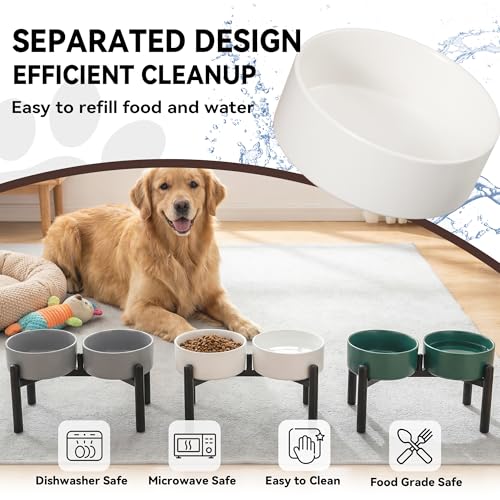 Dog Bowls Elevated - Ceramic Raised Dog Bowl with Non Slip Steel Stainless Stand - No Spill and Heated Feeding Station - Food and Water Dish Set for Medium to Large Pet - Each Holds 7.5 Cups – Green - color: Green, size: 2 Bowls - 7.5 Cups Each