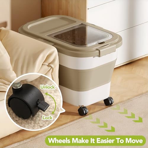 Summark Ca15 Lbs Dog/Cat Food Storage Container,Collapsible Food Storage Containers with Rolling Wheel Airtight Locking Lid,Pet Food Storage Container with Cup and Scoop,Khaki - color: Khaki