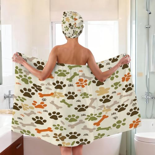 Dog Paw Prints Bones Microfiber Bathrobe and Hair Towel Wrap Set for Women Quick Dry Shower Towels Wrap Absorbent Soft Bath Robe and Hair Drying Cap for Spa After Shower