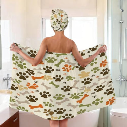 Dog Paw Prints Bones Microfiber Bathrobe and Hair Towel Wrap Set for Women Quick Dry Shower Towels Wrap Absorbent Soft Bath Robe and Hair Drying Cap for Spa After Shower