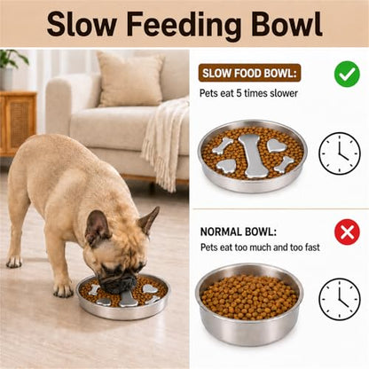 Slow Feeder Dog Bowl – 2 Cups Stainless Steel Puzzle Maze Bowl with Non-Slip Rubber Base, Upgraded 304 Food-Grade Metal Bloat Stop Anti-Gulping Slow Feed Bowl for Medium & Small Breeds