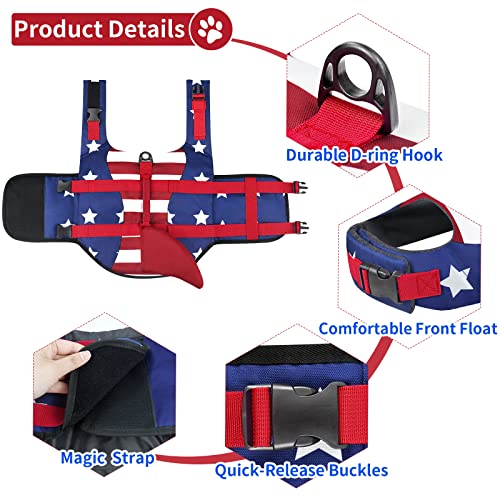 Malier Dog Life Jacket, Ripstop American Flag Vest for Swimming Boating, Puppy Shark Jacket with High Buoyancy Swimsuit Small Medium and Large Dogs (Large, Red & Dark Blue) - color: Red & Dark blue, size: Large