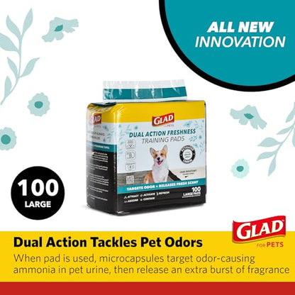 Glad for Pets Dual Action Freshness Activated Carbon Puppy Pads, Fragrance Release, Scented Odor Control, 6-Layer Leak-Proof, Pheromone Attractant, 23 x 23 Inch, 100 Count - size: 100 Count (Pack of 1)