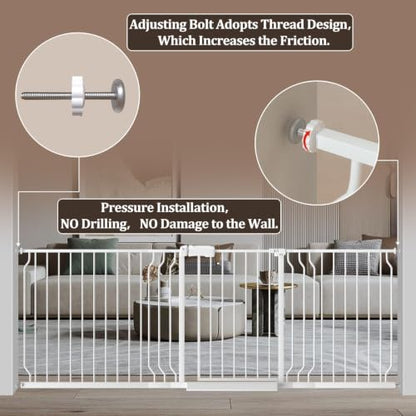 WAOWAO Baby Gate 134-158cm(53-62인치) 엑스트라 와이드 압력 장착 워크 스루 스윙 자동 닫힘 안전 화이트 메탈 유아 어린이 개 애완동물 강아지 계단, 출입구, 주방용 - color: 화이트., size: 52.8-61.8"/134.11-156.97cm