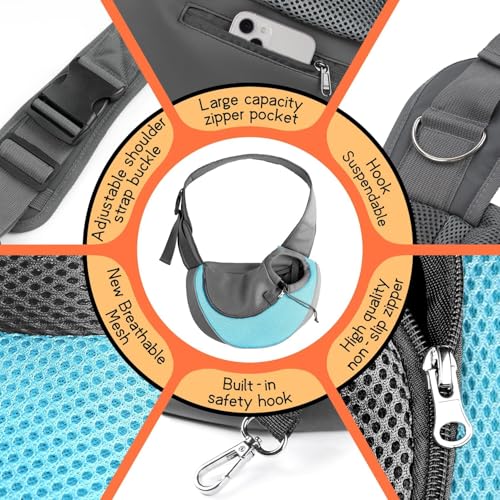 YUDODO Pet Sling Carrier for 2-5 lbs Small Dogs & Cats – Hands-Free Puppy Carrier with Safety Hook, Large Zipper Pocket, Soft Breathable Mesh, Adjustable Strap & Reflective Strip (Cyan 1.0 S) - color: Cyan 1.0 Basic (Zipper Pocket), size: Small (2-4.5lbs)