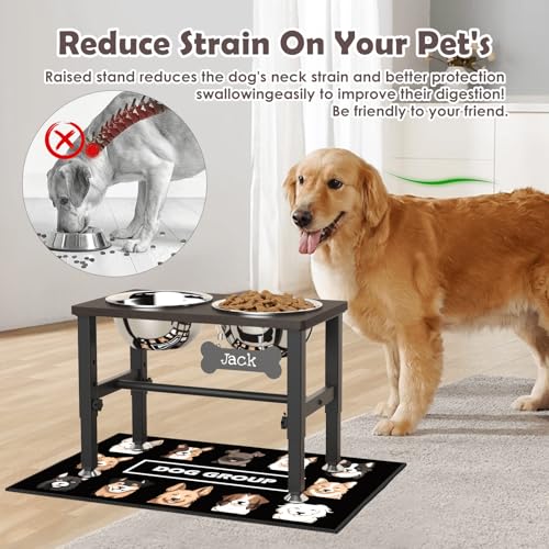 SHAINFUN Elevated Dog Bowls with Slow Feeder & Mat for Medium Large Dogs, Adjustable Height, Raised Dog Bowl Stand with 2 Stainless Steel 58oz Bowls, Tall Dogs Food Water Bowl Wooden & Metal Holder - color: Coffee-1.7L
