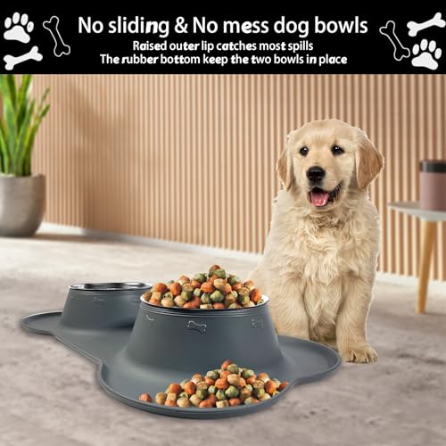 AsFrost Dog Food Bowls Stainless Steel Dog Food & Water Bowl Set with No Spill No Slip Silicone Mat, Dog Dishes for Small Medium Size Dogs Pet Cat Puppy Food Feeding Bowls, Grey, 24oz, 3 Cup - color: Grey, size: 3 Cup/27 oz each