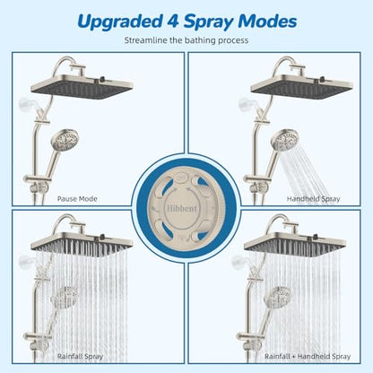 Hibbent cUPC Certified 13'' Shower Head Combo, High Pressure 5 Spray Rainfall Showerhead, 10 Spray Handheld, All Metal Easy Reach 4-way Diverter Arm with Pause Mode, 71'' Hose & Holder, Brushed Nickel - color: Brushed Nickel, style: Square 13"