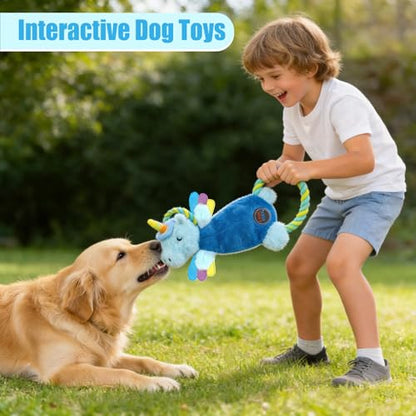 Interactive Squeaky Dog Chew Toy, Tough Plush Dog Toys for Chewers, Small, Medium & Large Dogs, Plush with Double Rope Handles for Tug of War, Mess-Free, Light Blue - color: Light Blue