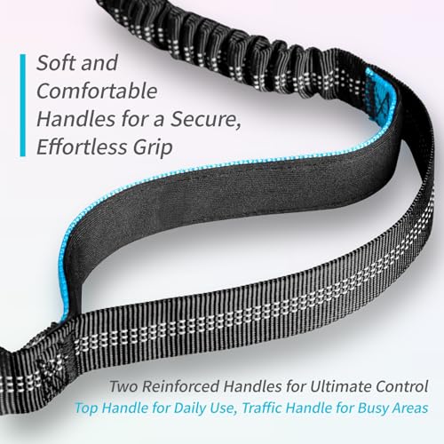 Hands-Free Bungee Dog Leash for Running Walking Small Medium Dogs | 4-6ft length, 28-47in adjustable waist belt, 2 reinforced handles, shock absorbing, reflective anti-pull, blue handles - color: Blue