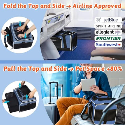Petskd Top and Side Expandable Pet Carrier 17x12x8.5 Inches JetBlue Frontier Spirit Airline Approved, Soft-Sided Carrier for Small Cats and Dogs with Locking Safety Zippers and Anti-Scratch Mesh(Blue) - color: Blue, size: 17.0"L x 12.0"W x 8.5"H