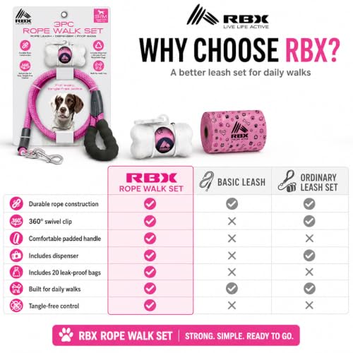 RBX Rope Dog Leash Set, 5 ft Padded Handle Leash for Small/Medium Dogs with 360° Swivel Clip, Poop Bag Dispenser, 20 Waste Bags, Durable Walking Lead for Daily Use - color: Pink