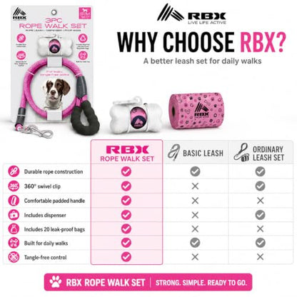 RBX Rope Dog Leash Set, 5 ft Padded Handle Leash for Small/Medium Dogs with 360° Swivel Clip, Poop Bag Dispenser, 20 Waste Bags, Durable Walking Lead for Daily Use - color: Pink