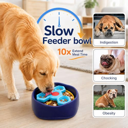 Slow Feeder Dog Bowls with Removable Puzzle Inserts, 3-Layer Interactive Dog Puzzle Feeder, Non-Slip Base Slow Feeder & Lick Bowl for Medium & Large Breeds (Yellow) - color: Yellow