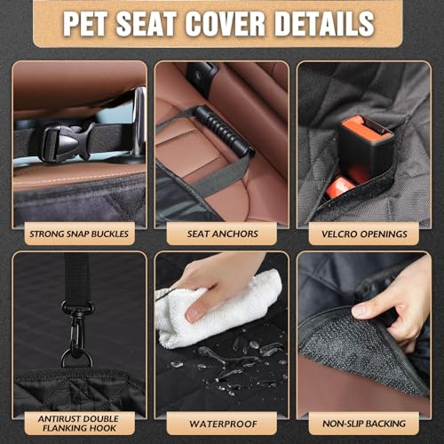 K KNODEL Dog Seat Cover, 100% Waterproof Car Seat Cover for Pets, Pet Seat Cover Dog Hammock, Heavy Duty Scratch Proof Pet Back Seat Covers, Zippered Side Flaps for Cars, Trucks and SUVs (Black)