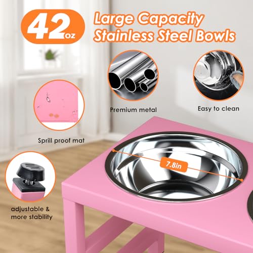 ADENGL Pink Metal Raised Dog Bowl Stand for Large Dogs, Stronger Elevated Dogs Bowls with Sprill Proof Mat, Food & Water Bowl 10in Tall Feeder (42OZ-Stainless Steel Dog Bowls, Mat-12x19 in) - color: Pink - L Silicone Dog Mat, size: Height:10inch