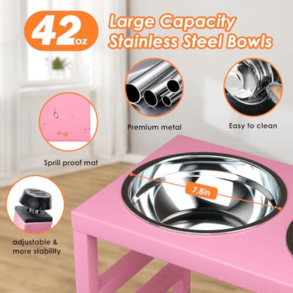 ADENGL Pink Metal Raised Dog Bowl Stand for Large Dogs, Stronger Elevated Dogs Bowls with Sprill Proof Mat, Food & Water Bowl 10in Tall Feeder (42OZ-Stainless Steel Dog Bowls, Mat-12x19 in) - color: Pink - L Silicone Dog Mat, size: Height:10inch
