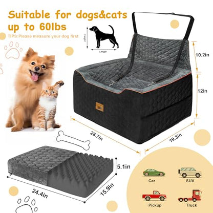 Dog Car Seat for Medium/Large Dog Booster Seat for Dogs Under 60 lbs or 2 Small Dogs, Multi-Functional Pet Car Seat with Thick Cushion, 2 Safety Leashes (BlackGray) - color: BlackGray