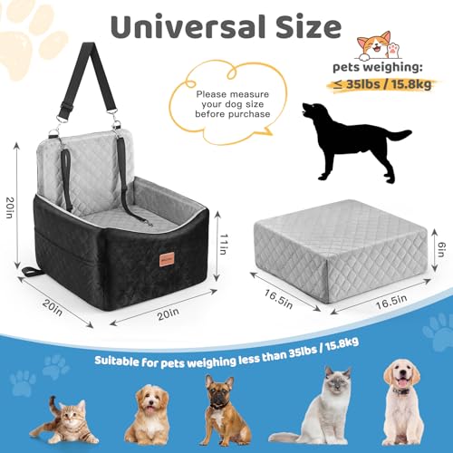 Dog Car Seat for Small Medium Dogs Up to 40 lbs – Dog Booster Seat with 6-Inch Memory Foam, Pet Car Seat with Removable Washable Cover, 3 Safety Belts & 2 Storage Bags (Black/Gray)